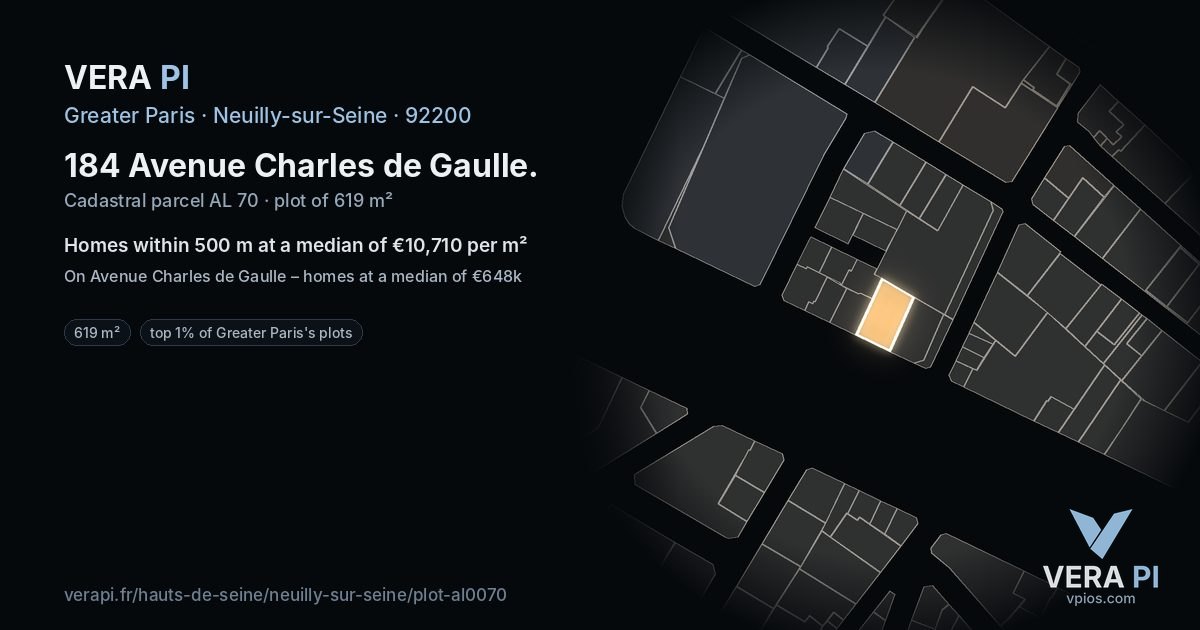 184 Avenue Charles de Gaulle, Neuilly-sur-Seine at night – the plot lit, the parcels around coloured by the prices near them
