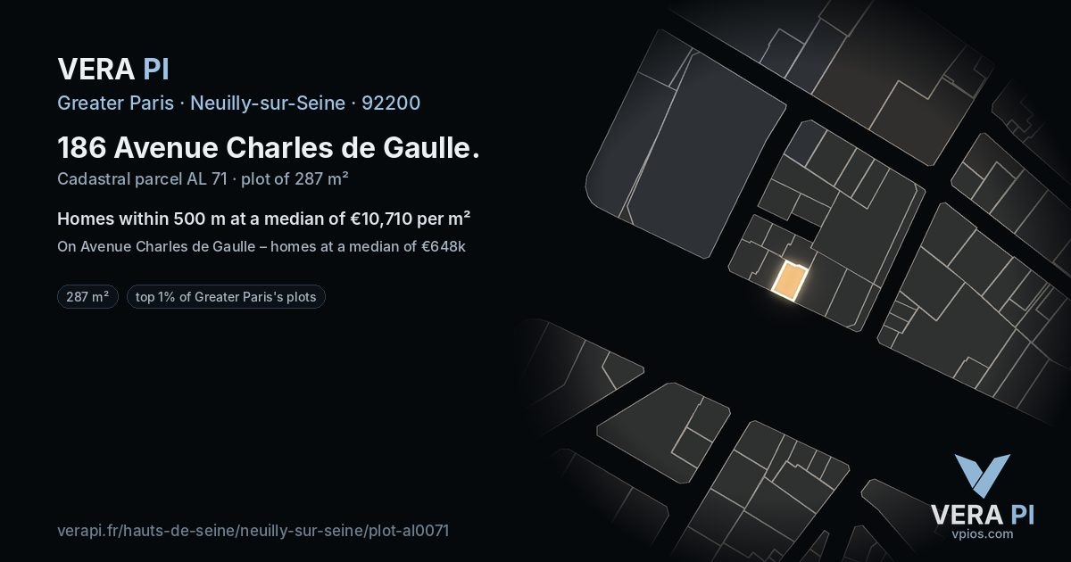 186 Avenue Charles de Gaulle, Neuilly-sur-Seine at night – the plot lit, the parcels around coloured by the prices near them