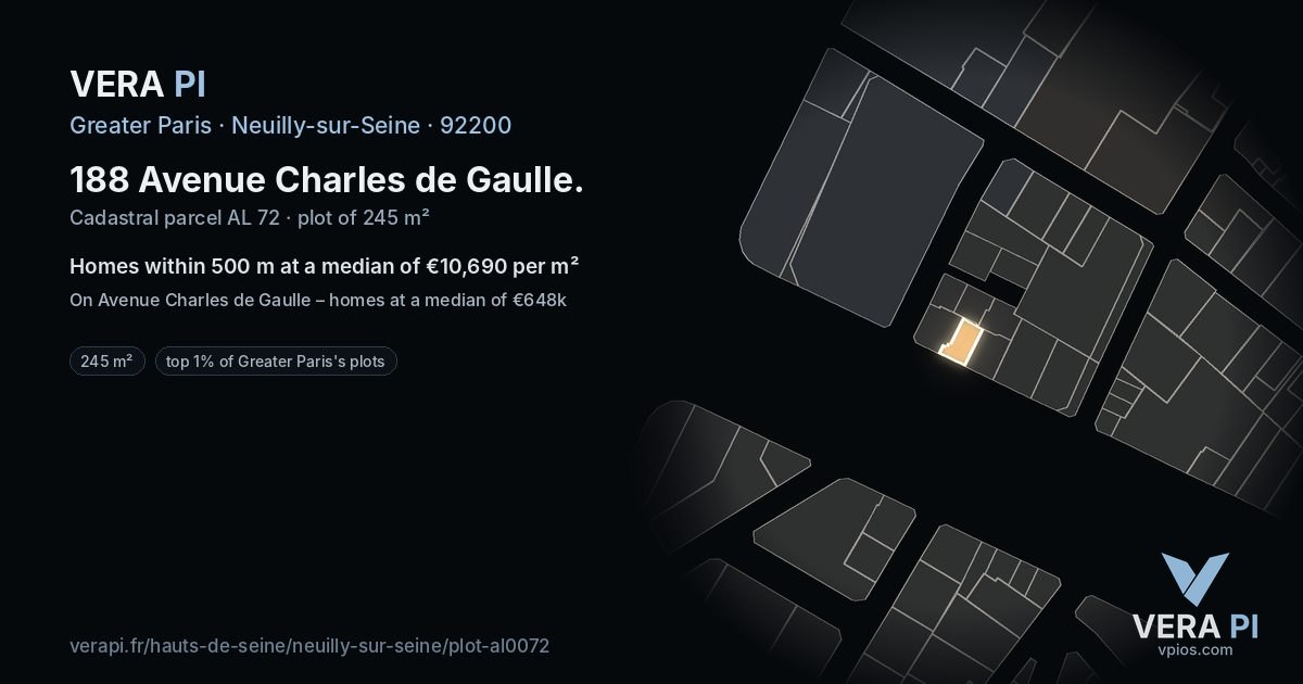 188 Avenue Charles de Gaulle, Neuilly-sur-Seine at night – the plot lit, the parcels around coloured by the prices near them