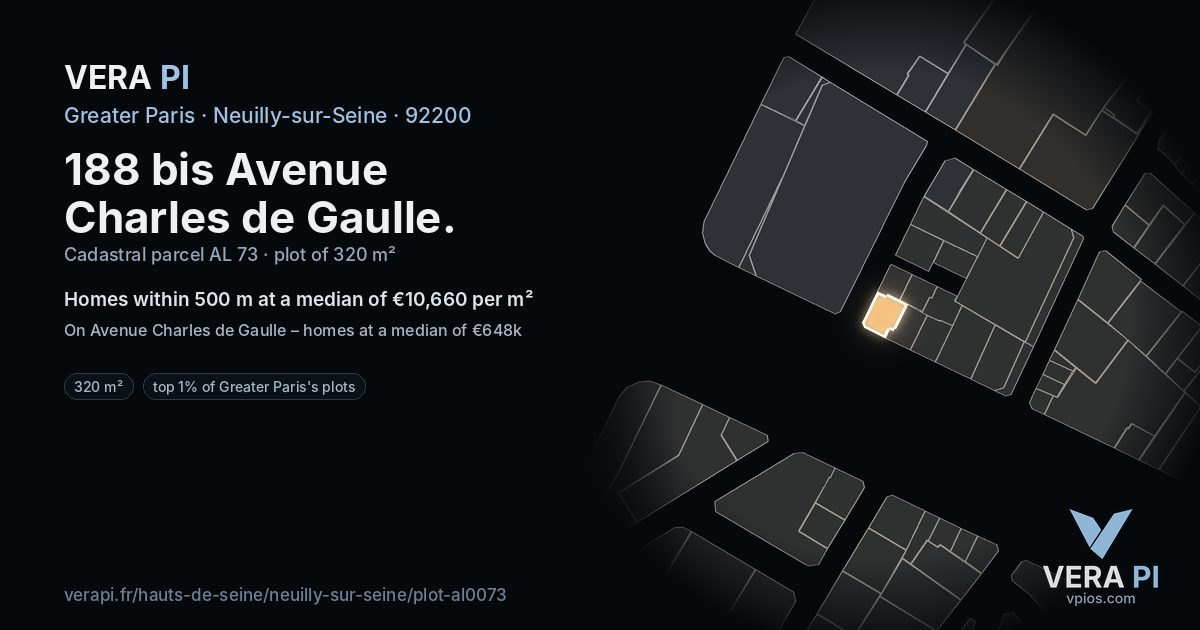 188 bis Avenue Charles de Gaulle, Neuilly-sur-Seine at night – the plot lit, the parcels around coloured by the prices near them
