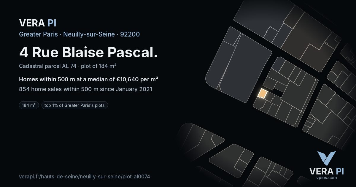 4 Rue Blaise Pascal, Neuilly-sur-Seine at night – the plot lit, the parcels around coloured by the prices near them