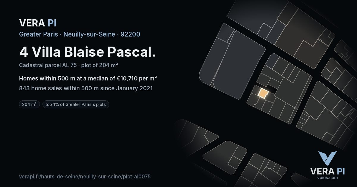 4 Villa Blaise Pascal, Neuilly-sur-Seine at night – the plot lit, the parcels around coloured by the prices near them