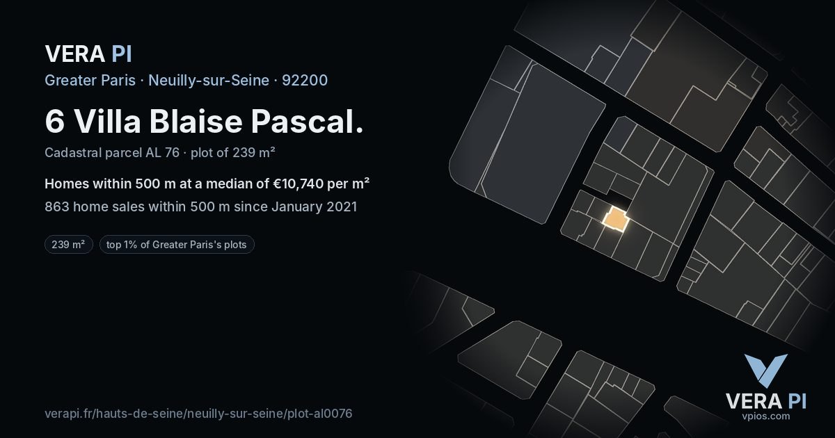 6 Villa Blaise Pascal, Neuilly-sur-Seine at night – the plot lit, the parcels around coloured by the prices near them