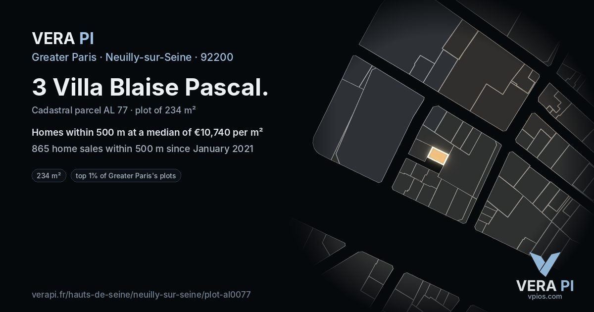 3 Villa Blaise Pascal, Neuilly-sur-Seine at night – the plot lit, the parcels around coloured by the prices near them
