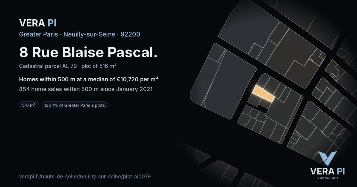 8 Rue Blaise Pascal, Neuilly-sur-Seine at night – the plot lit, the parcels around coloured by the prices near them