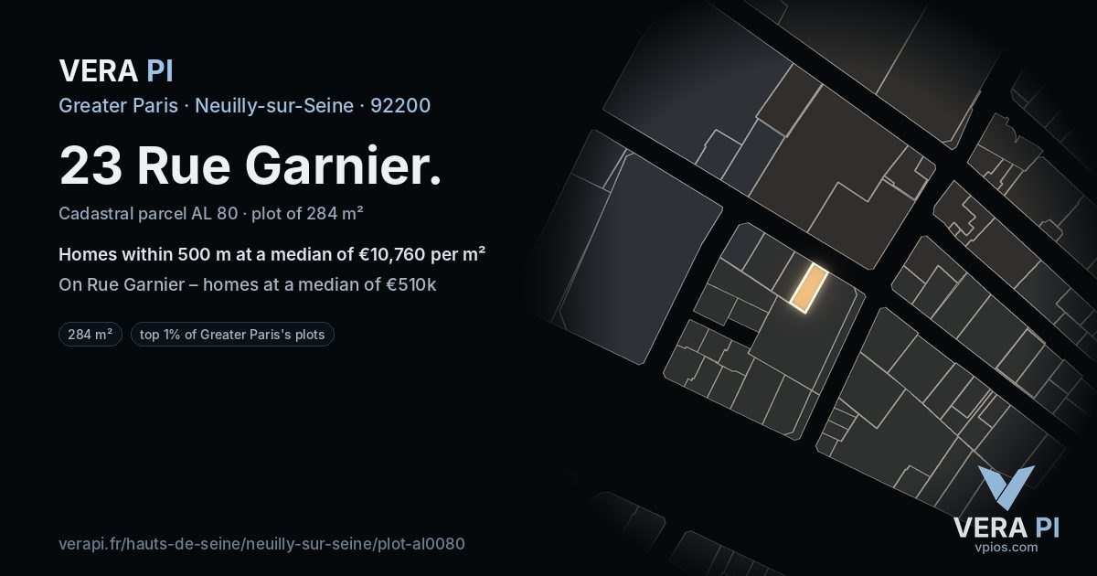 23 Rue Garnier, Neuilly-sur-Seine at night – the plot lit, the parcels around coloured by the prices near them