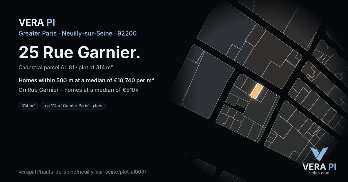 25 Rue Garnier, Neuilly-sur-Seine at night – the plot lit, the parcels around coloured by the prices near them