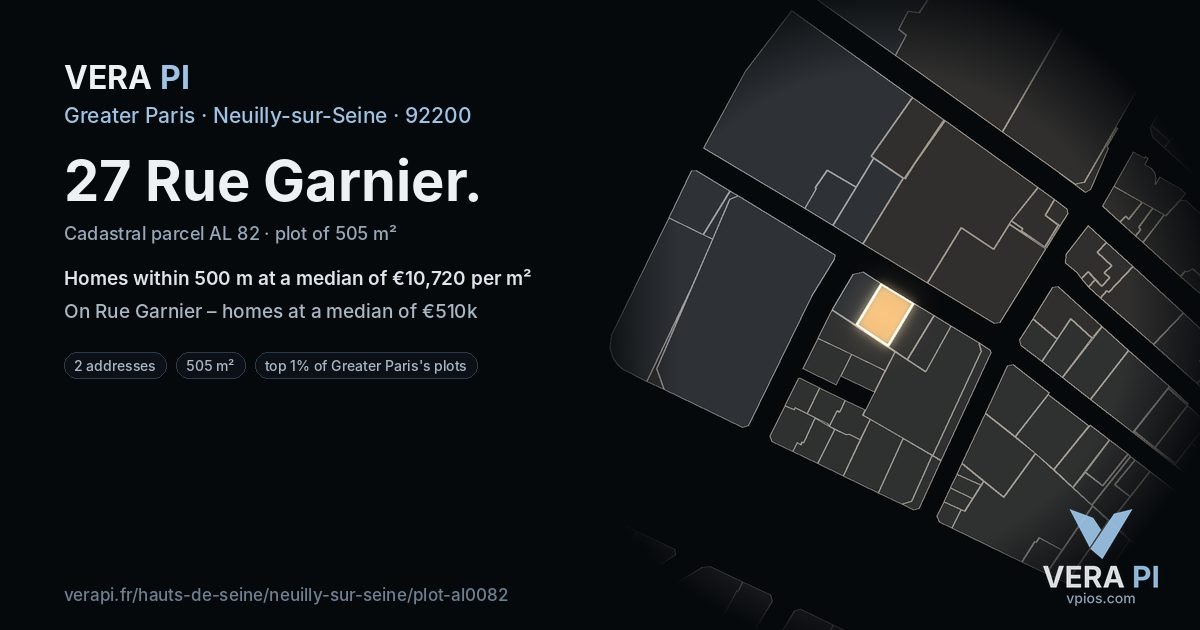 27 Rue Garnier, Neuilly-sur-Seine at night – the plot lit, the parcels around coloured by the prices near them