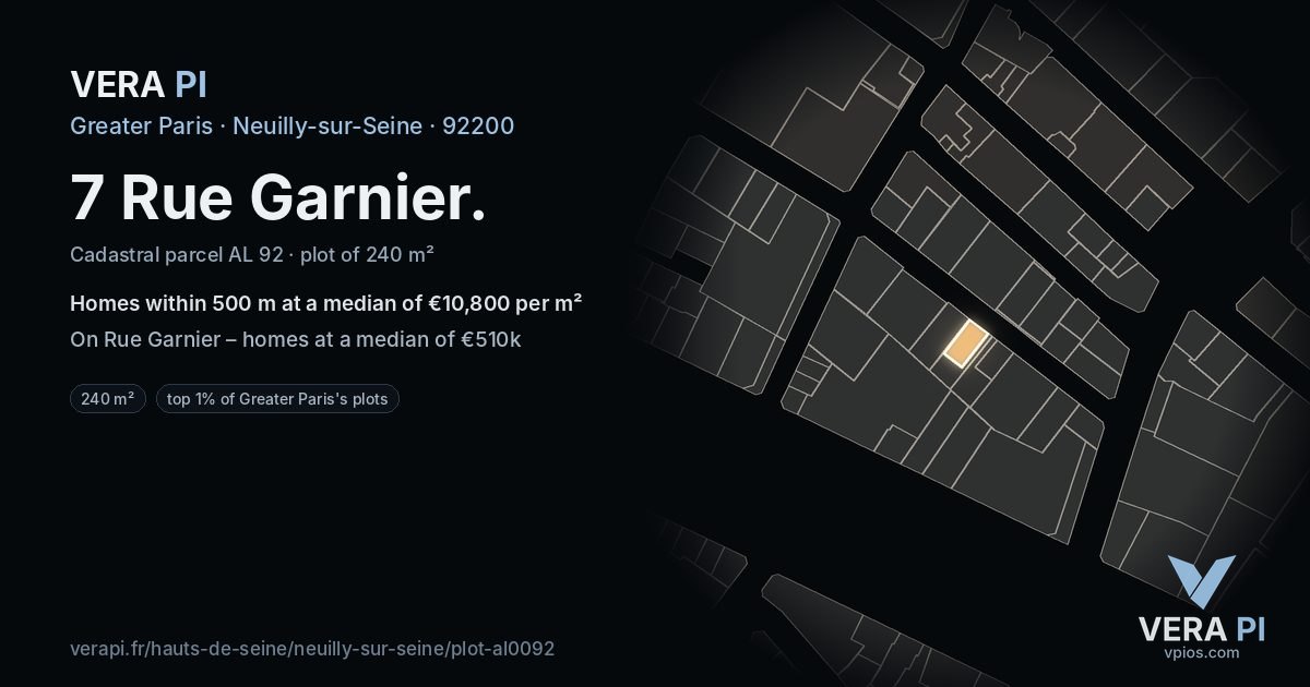 7 Rue Garnier, Neuilly-sur-Seine at night – the plot lit, the parcels around coloured by the prices near them
