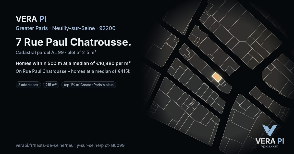 7 Rue Paul Chatrousse, Neuilly-sur-Seine at night – the plot lit, the parcels around coloured by the prices near them
