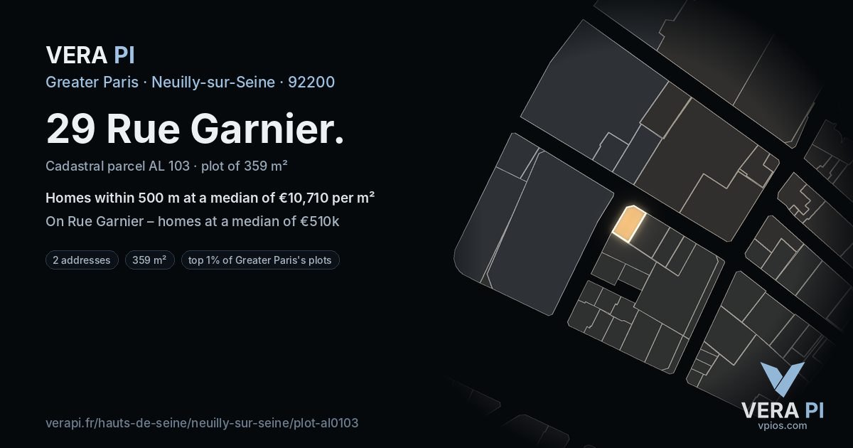 29 Rue Garnier, Neuilly-sur-Seine at night – the plot lit, the parcels around coloured by the prices near them
