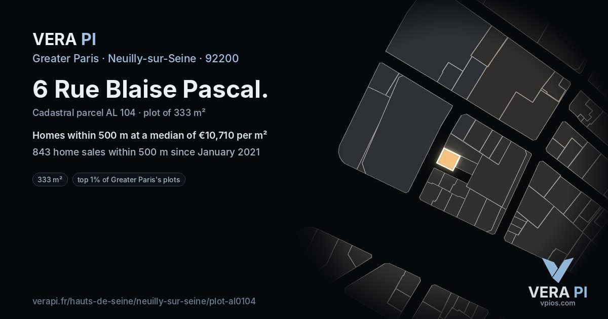 6 Rue Blaise Pascal, Neuilly-sur-Seine at night – the plot lit, the parcels around coloured by the prices near them