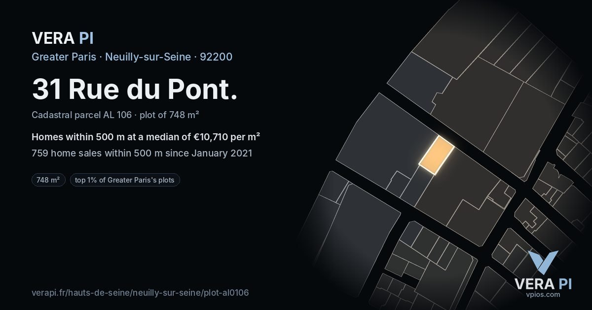 31 Rue du Pont, Neuilly-sur-Seine at night – the plot lit, the parcels around coloured by the prices near them
