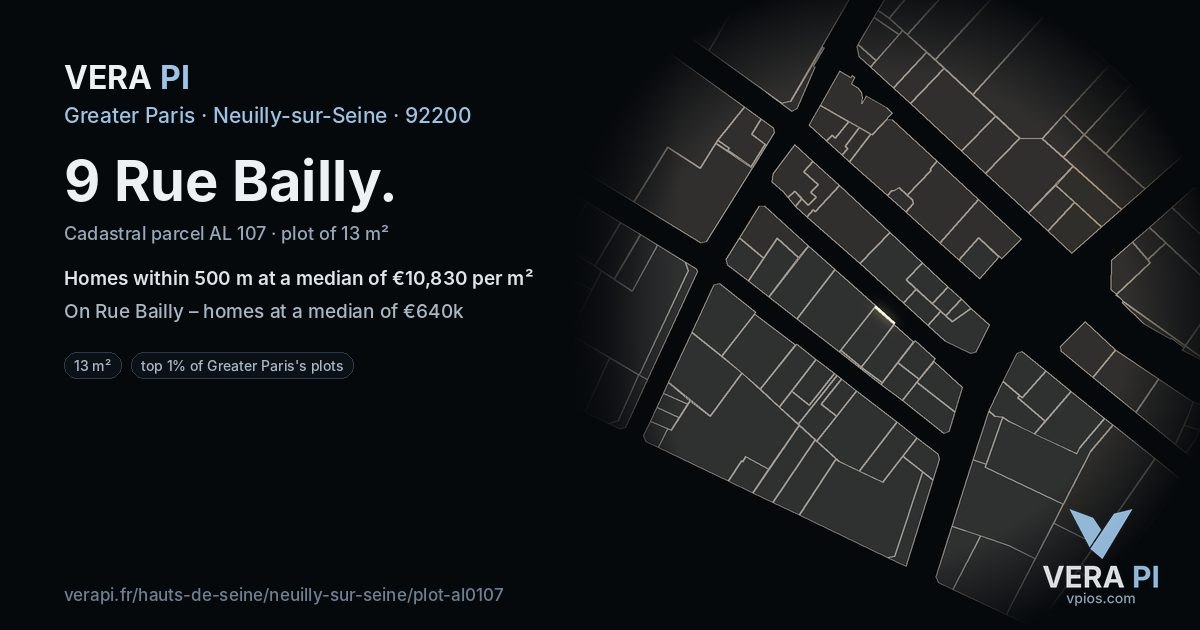 9 Rue Bailly, Neuilly-sur-Seine at night – the plot lit, the parcels around coloured by the prices near them