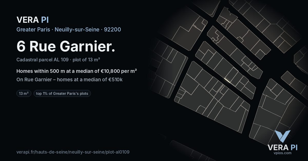 6 Rue Garnier, Neuilly-sur-Seine at night – the plot lit, the parcels around coloured by the prices near them
