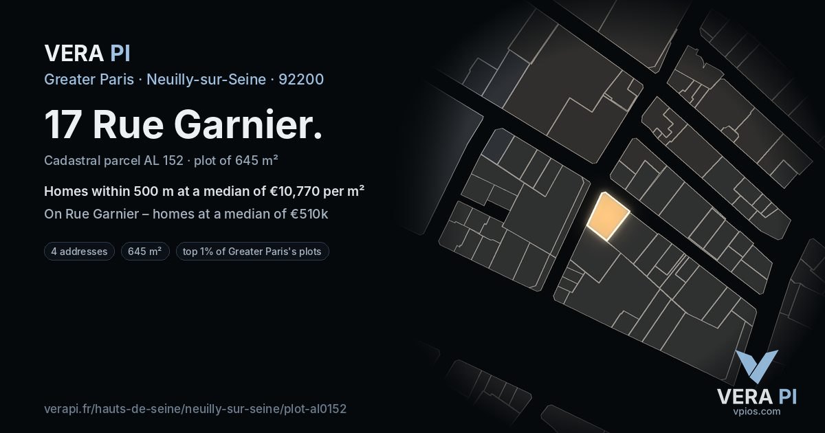 17 Rue Garnier, Neuilly-sur-Seine at night – the plot lit, the parcels around coloured by the prices near them