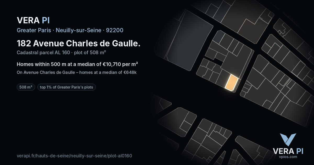182 Avenue Charles de Gaulle, Neuilly-sur-Seine at night – the plot lit, the parcels around coloured by the prices near them