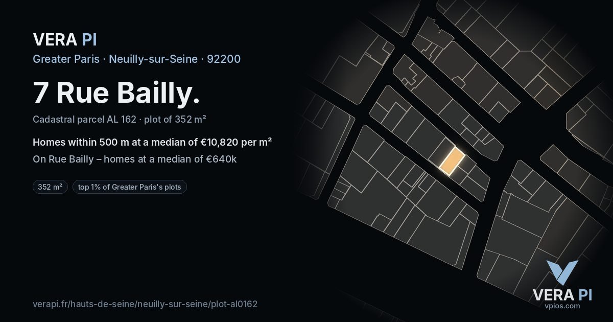 7 Rue Bailly, Neuilly-sur-Seine at night – the plot lit, the parcels around coloured by the prices near them