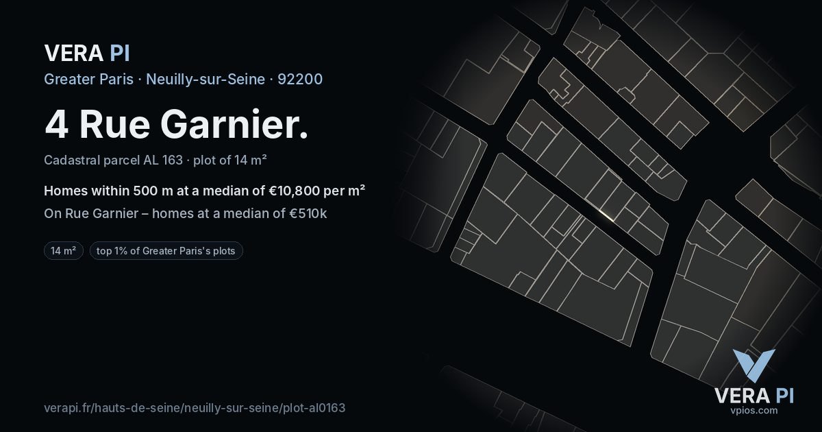 4 Rue Garnier, Neuilly-sur-Seine at night – the plot lit, the parcels around coloured by the prices near them