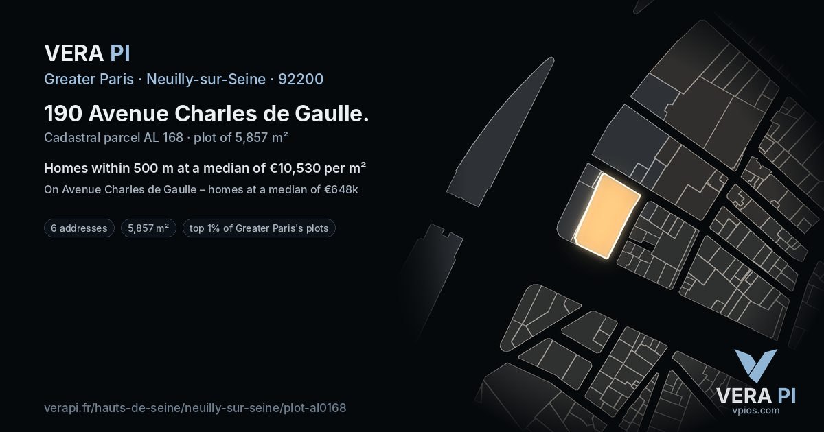 190 Avenue Charles de Gaulle, Neuilly-sur-Seine at night – the plot lit, the parcels around coloured by the prices near them