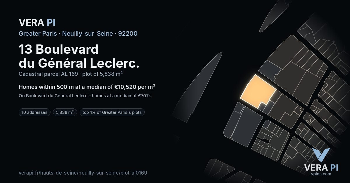 13 Boulevard du Général Leclerc, Neuilly-sur-Seine at night – the plot lit, the parcels around coloured by the prices near them