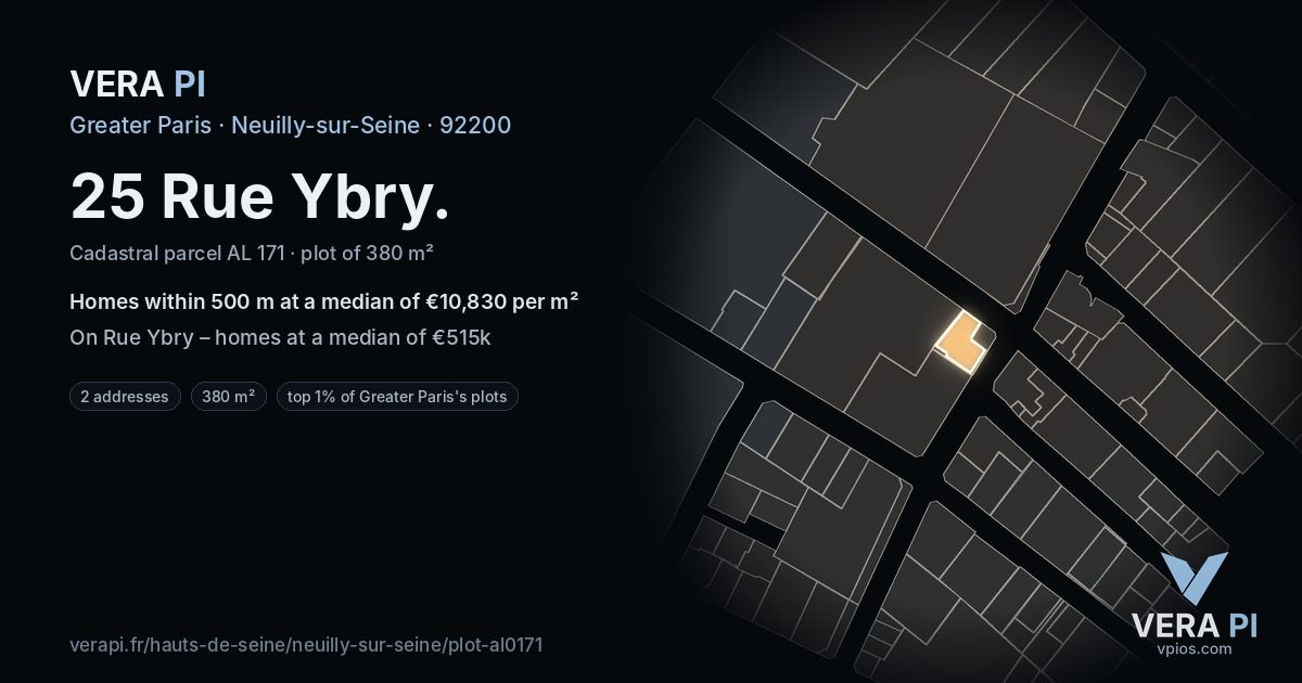 25 Rue Ybry, Neuilly-sur-Seine at night – the plot lit, the parcels around coloured by the prices near them