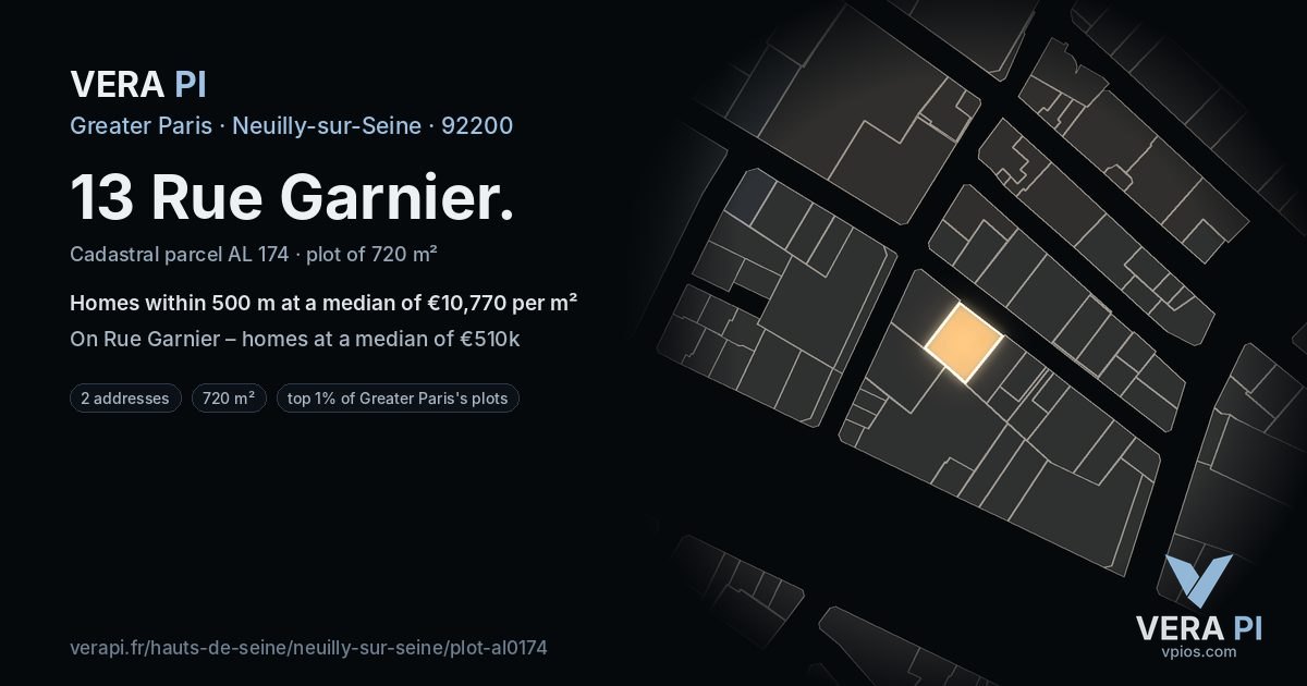 13 Rue Garnier, Neuilly-sur-Seine at night – the plot lit, the parcels around coloured by the prices near them