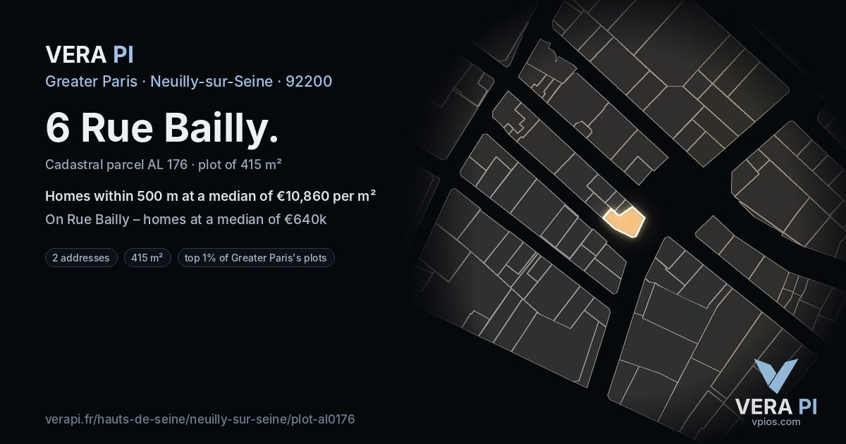 6 Rue Bailly, Neuilly-sur-Seine at night – the plot lit, the parcels around coloured by the prices near them
