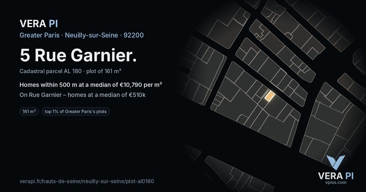 5 Rue Garnier, Neuilly-sur-Seine at night – the plot lit, the parcels around coloured by the prices near them