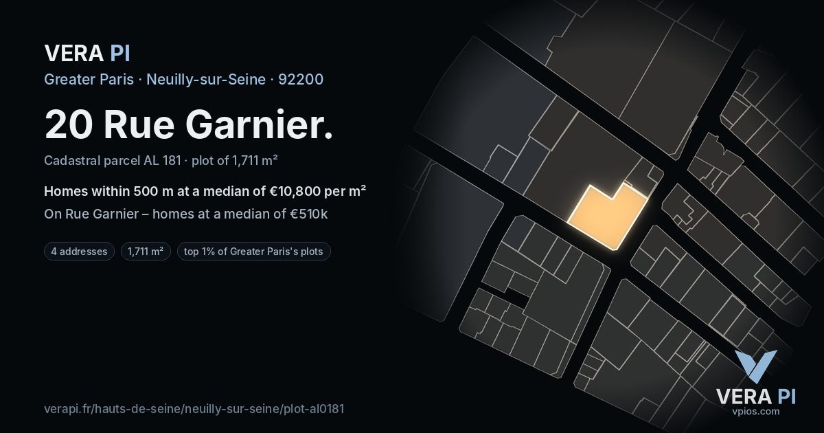 20 Rue Garnier, Neuilly-sur-Seine at night – the plot lit, the parcels around coloured by the prices near them