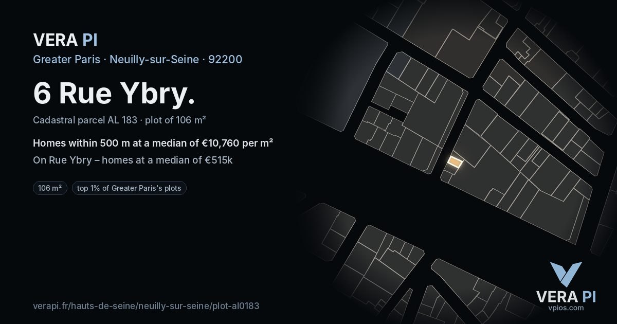 6 Rue Ybry, Neuilly-sur-Seine at night – the plot lit, the parcels around coloured by the prices near them