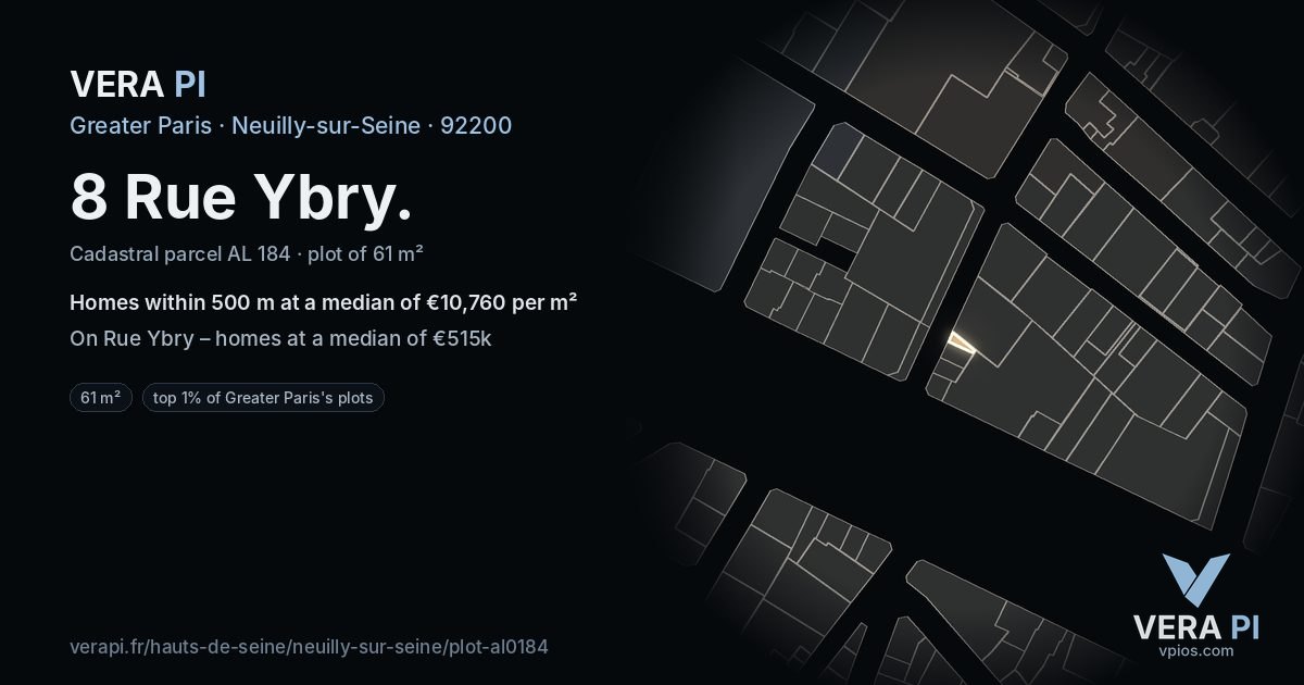 8 Rue Ybry, Neuilly-sur-Seine at night – the plot lit, the parcels around coloured by the prices near them