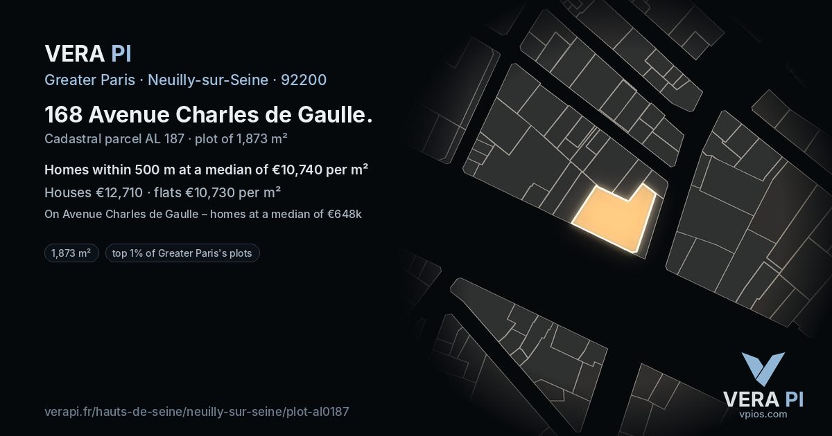 168 Avenue Charles de Gaulle, Neuilly-sur-Seine at night – the plot lit, the parcels around coloured by the prices near them