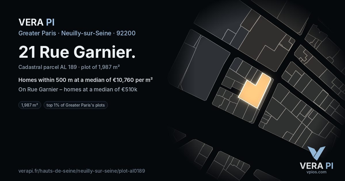 21 Rue Garnier, Neuilly-sur-Seine at night – the plot lit, the parcels around coloured by the prices near them