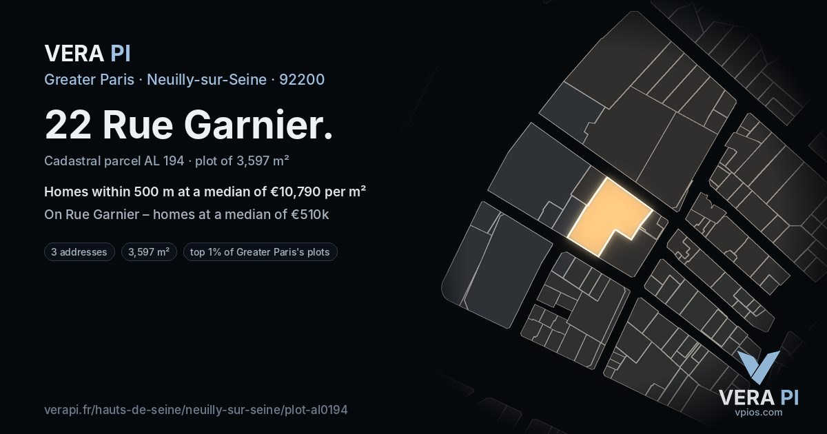 22 Rue Garnier, Neuilly-sur-Seine at night – the plot lit, the parcels around coloured by the prices near them