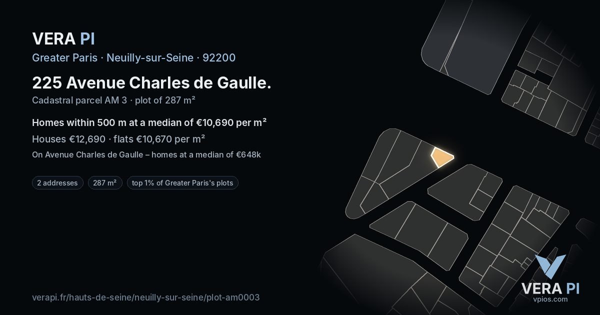 225 Avenue Charles de Gaulle, Neuilly-sur-Seine at night – the plot lit, the parcels around coloured by the prices near them