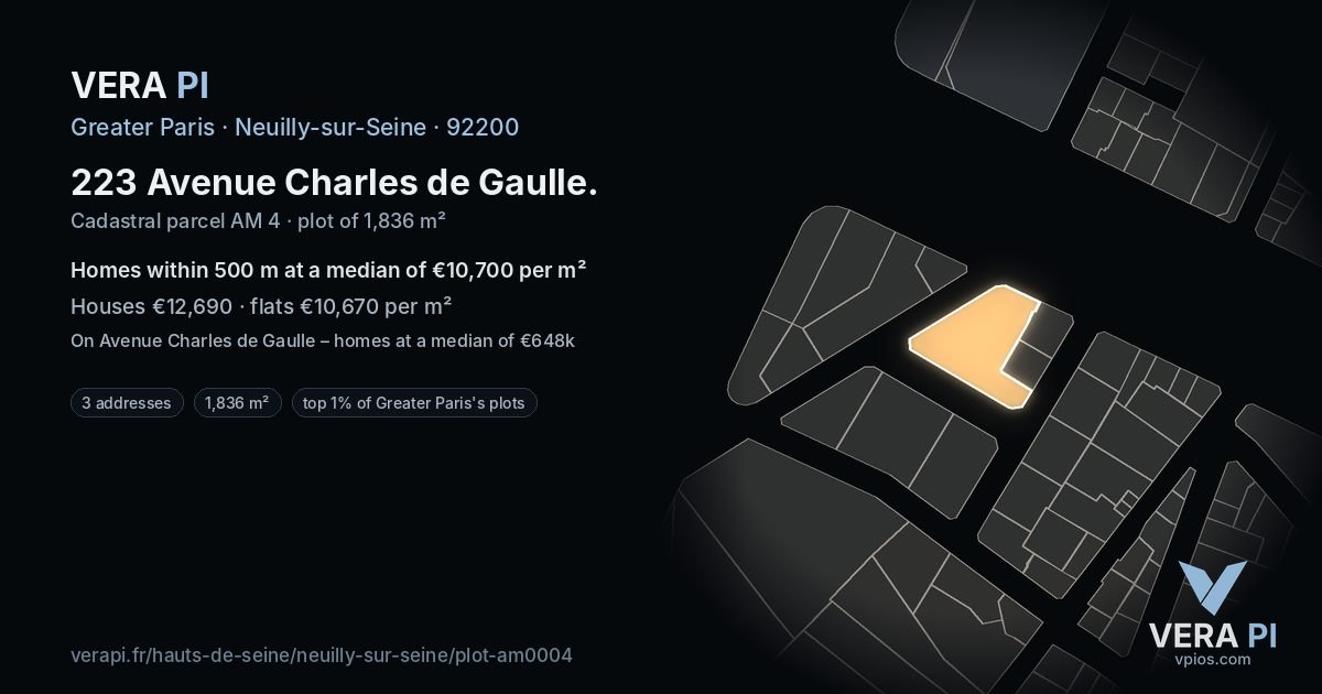 223 Avenue Charles de Gaulle, Neuilly-sur-Seine at night – the plot lit, the parcels around coloured by the prices near them