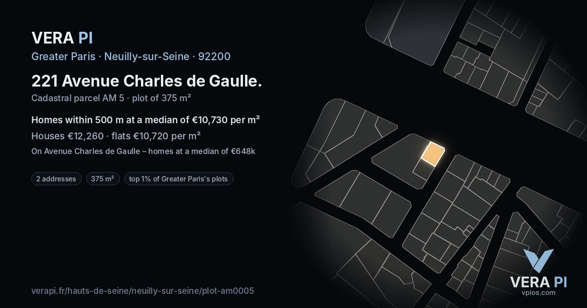 221 Avenue Charles de Gaulle, Neuilly-sur-Seine at night – the plot lit, the parcels around coloured by the prices near them