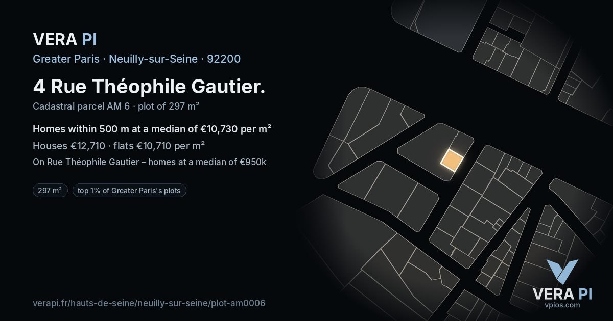 4 Rue Théophile Gautier, Neuilly-sur-Seine at night – the plot lit, the parcels around coloured by the prices near them
