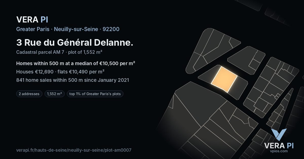 3 Rue du Général Delanne, Neuilly-sur-Seine at night – the plot lit, the parcels around coloured by the prices near them