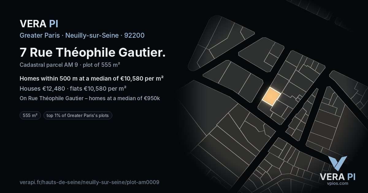 7 Rue Théophile Gautier, Neuilly-sur-Seine at night – the plot lit, the parcels around coloured by the prices near them