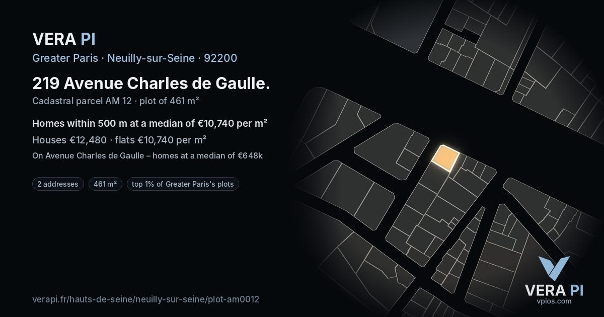 219 Avenue Charles de Gaulle, Neuilly-sur-Seine at night – the plot lit, the parcels around coloured by the prices near them