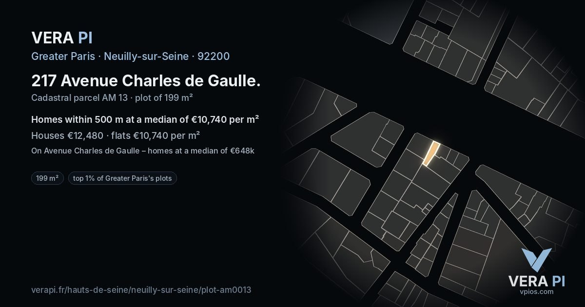 217 Avenue Charles de Gaulle, Neuilly-sur-Seine at night – the plot lit, the parcels around coloured by the prices near them