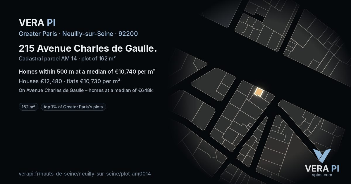 215 Avenue Charles de Gaulle, Neuilly-sur-Seine at night – the plot lit, the parcels around coloured by the prices near them