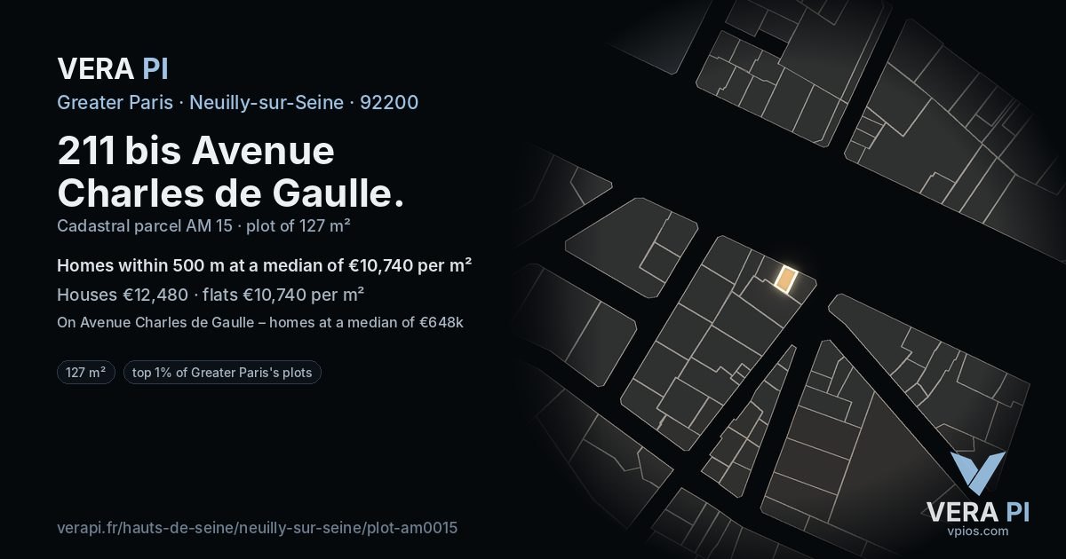 211 bis Avenue Charles de Gaulle, Neuilly-sur-Seine at night – the plot lit, the parcels around coloured by the prices near them