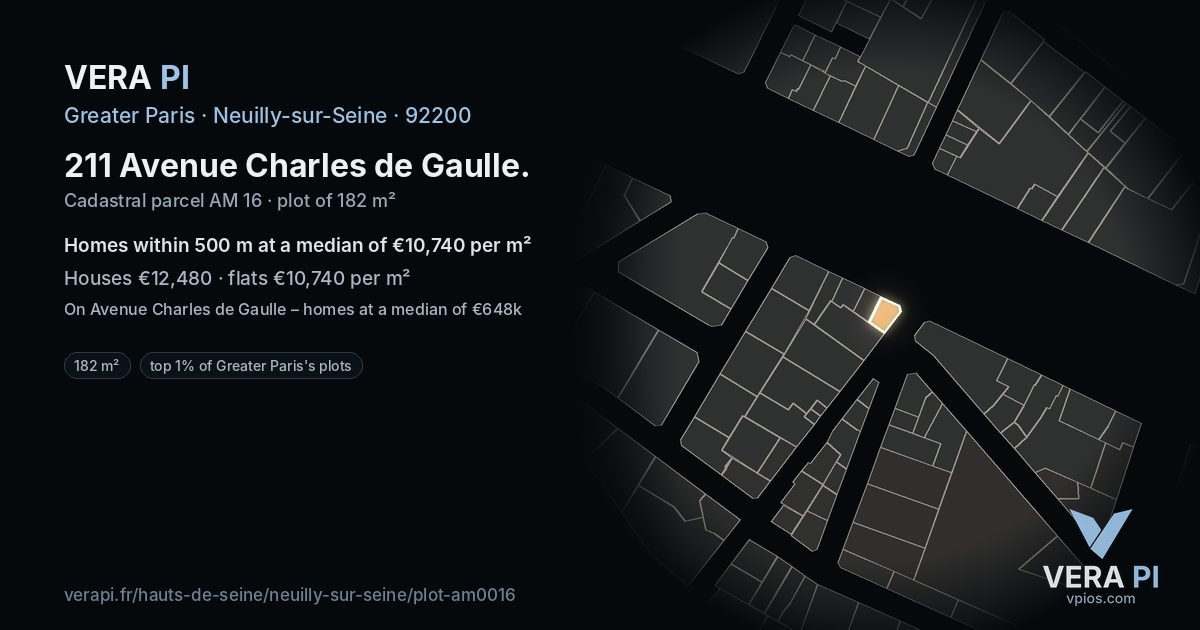 211 Avenue Charles de Gaulle, Neuilly-sur-Seine at night – the plot lit, the parcels around coloured by the prices near them