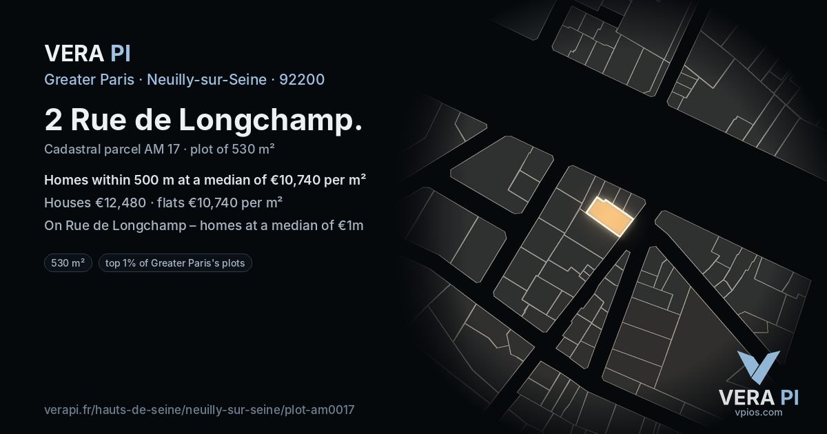 2 Rue de Longchamp, Neuilly-sur-Seine at night – the plot lit, the parcels around coloured by the prices near them