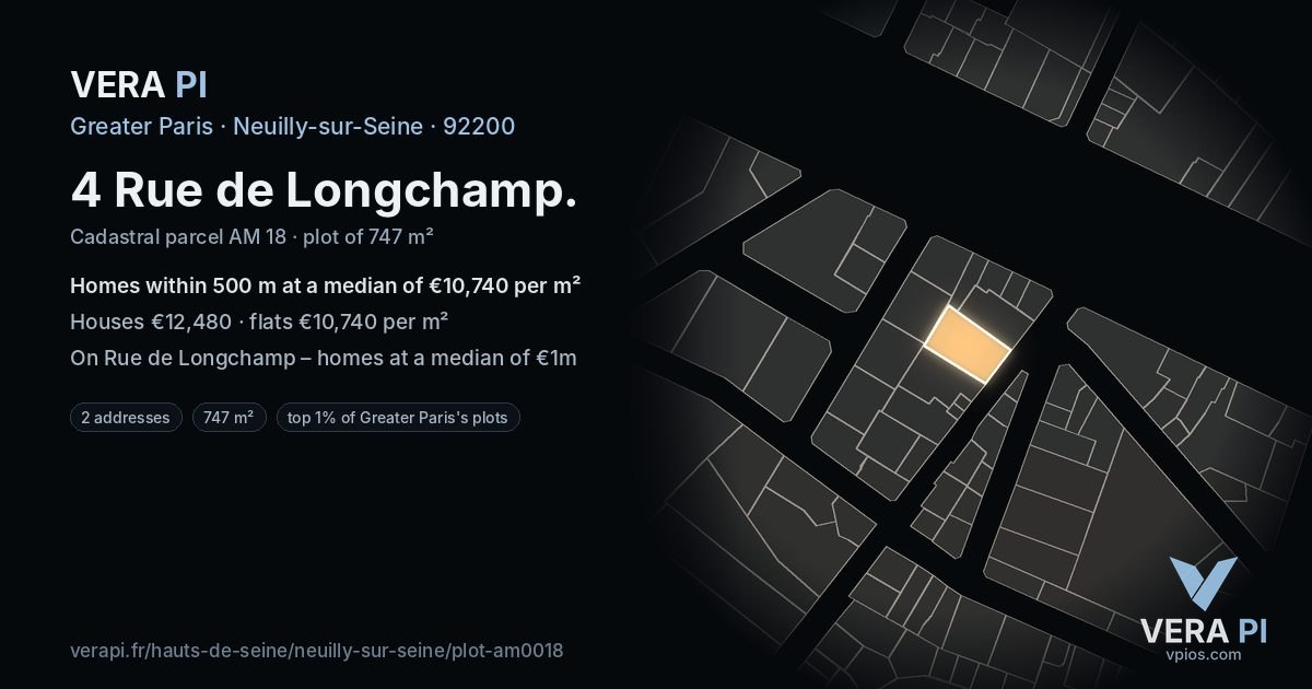 4 Rue de Longchamp, Neuilly-sur-Seine at night – the plot lit, the parcels around coloured by the prices near them