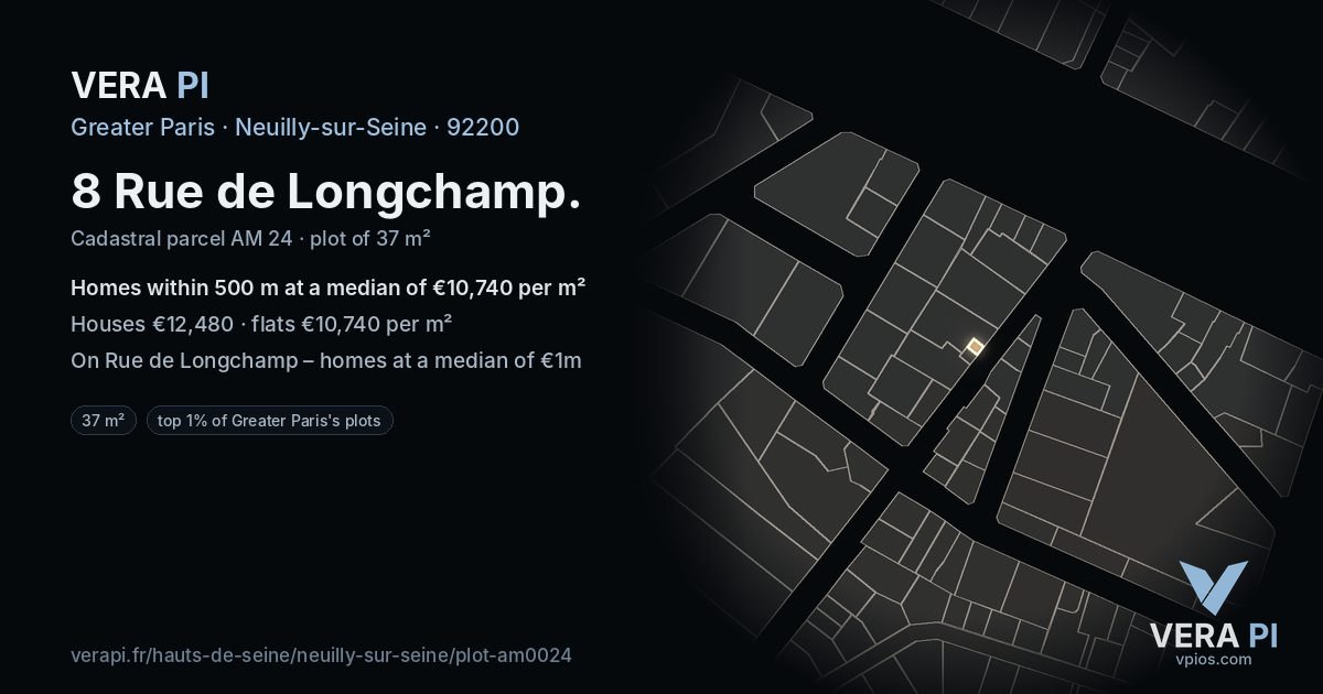 8 Rue de Longchamp, Neuilly-sur-Seine at night – the plot lit, the parcels around coloured by the prices near them