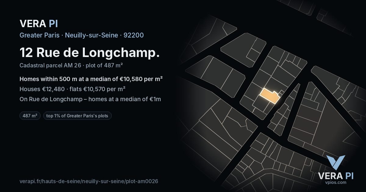 12 Rue de Longchamp, Neuilly-sur-Seine at night – the plot lit, the parcels around coloured by the prices near them